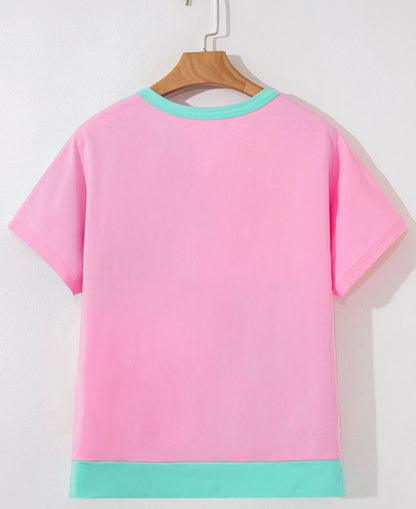 Mint Green And Pink Two Tones Half Button Collar Split Sides Top