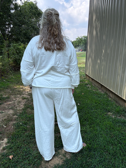 Raw Seam Plus Size Pullover Top and Drawstring Pants Set: White / Plus Size