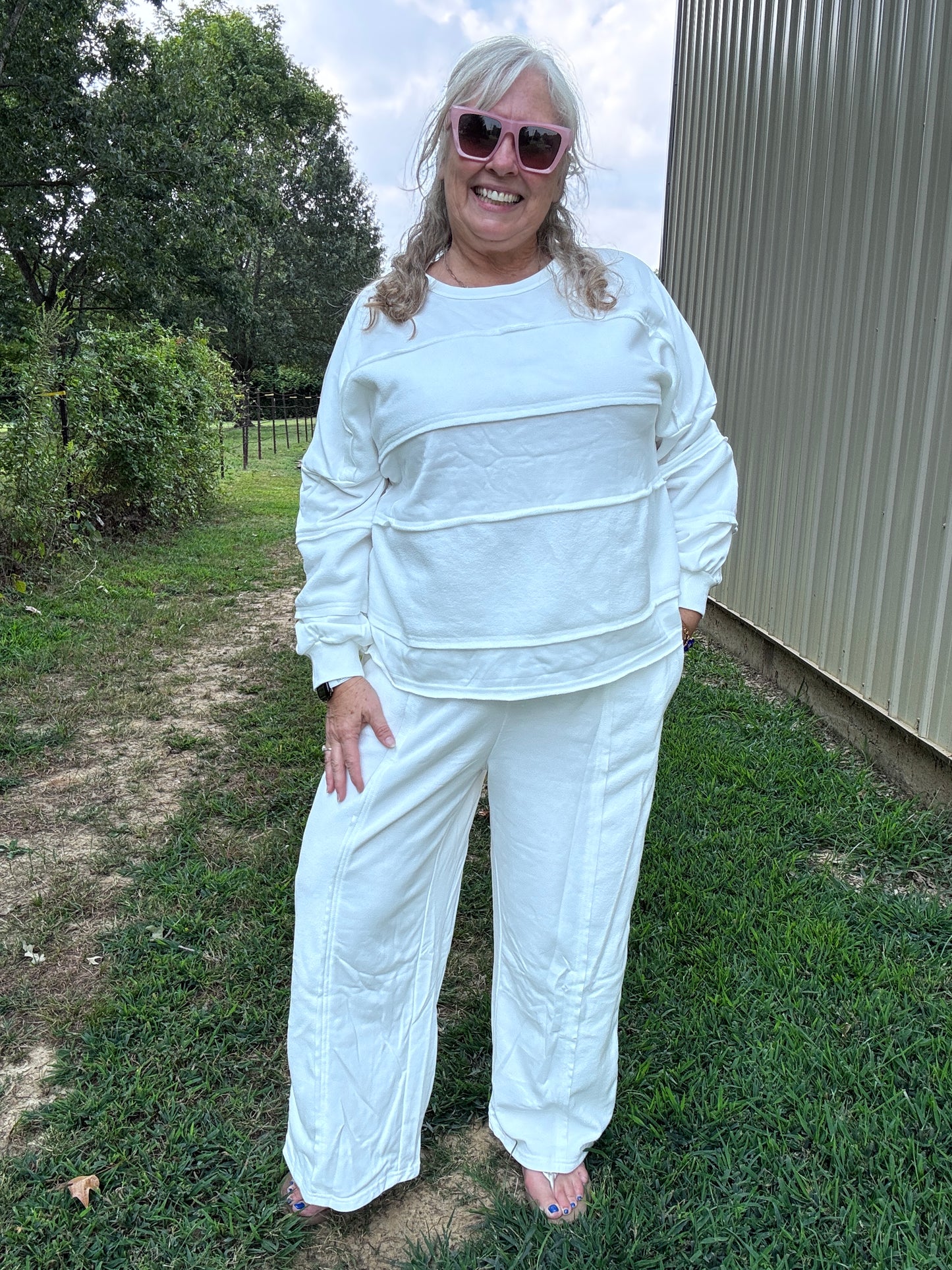 Raw Seam Plus Size Pullover Top and Drawstring Pants Set: White / Plus Size