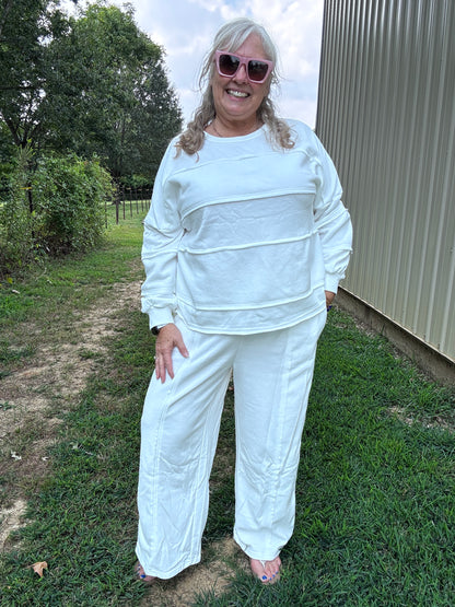 Raw Seam Plus Size Pullover Top and Drawstring Pants Set: White / Plus Size