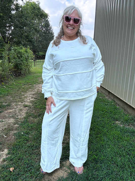 Raw Seam Plus Size Pullover Top and Drawstring Pants Set: White / Plus Size