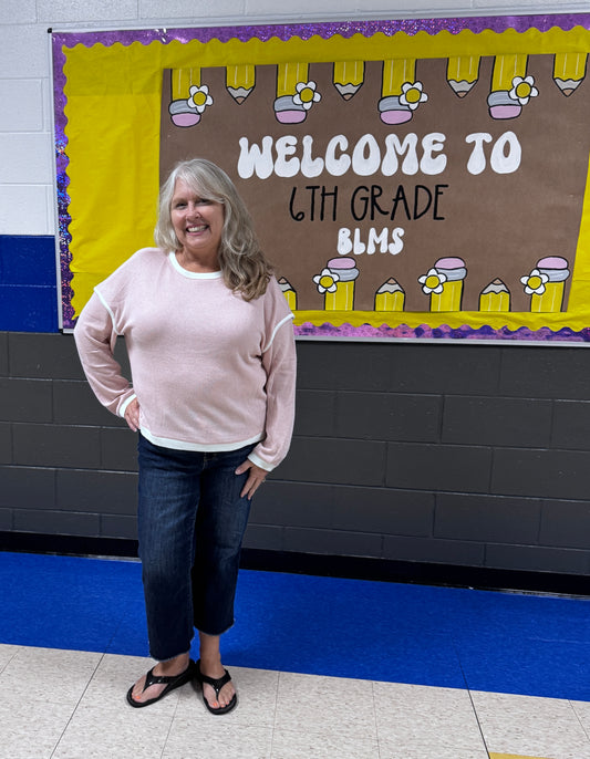 Colorblock Crewneck Knit Look Long Sleeve Pullover Top: Pink / 65%Polyester+30%Viscose+5%Elastane