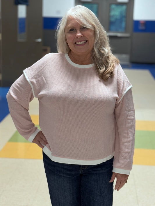 Colorblock Crewneck Knit Look Long Sleeve Pullover Top: Pink / 65%Polyester+30%Viscose+5%Elastane