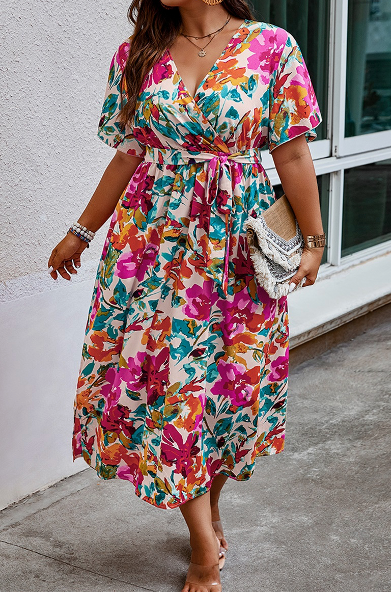 Plus Size Floral Print Cross Belt Fit Dress