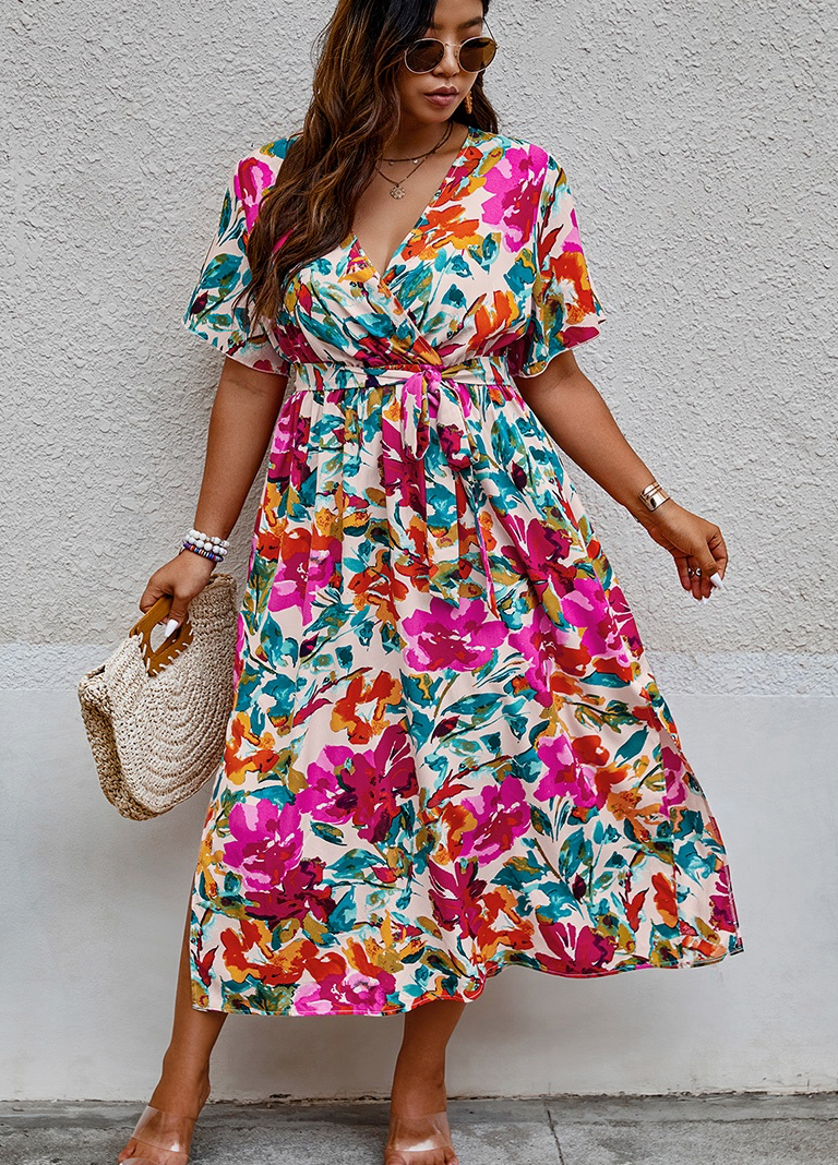 Plus Size Floral Print Cross Belt Fit Dress