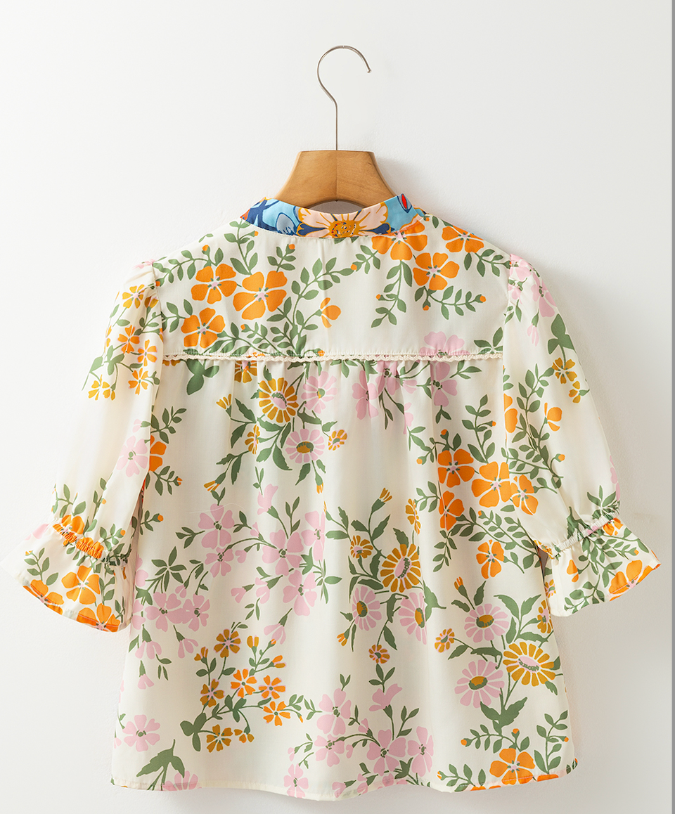 Multicolour Crochet V Neck Half Sleeve Boho Floral Blouse