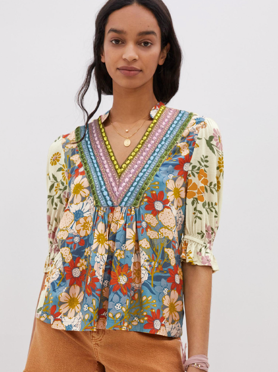Multicolour Crochet V Neck Half Sleeve Boho Floral Blouse
