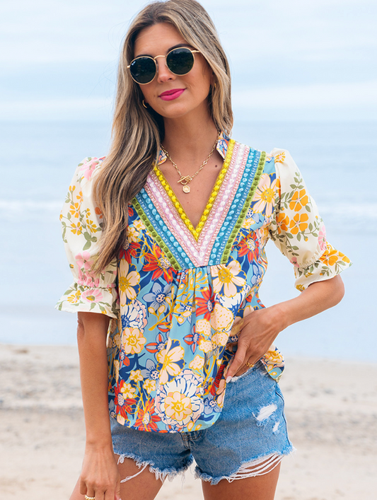 Multicolour Crochet V Neck Half Sleeve Boho Floral Blouse