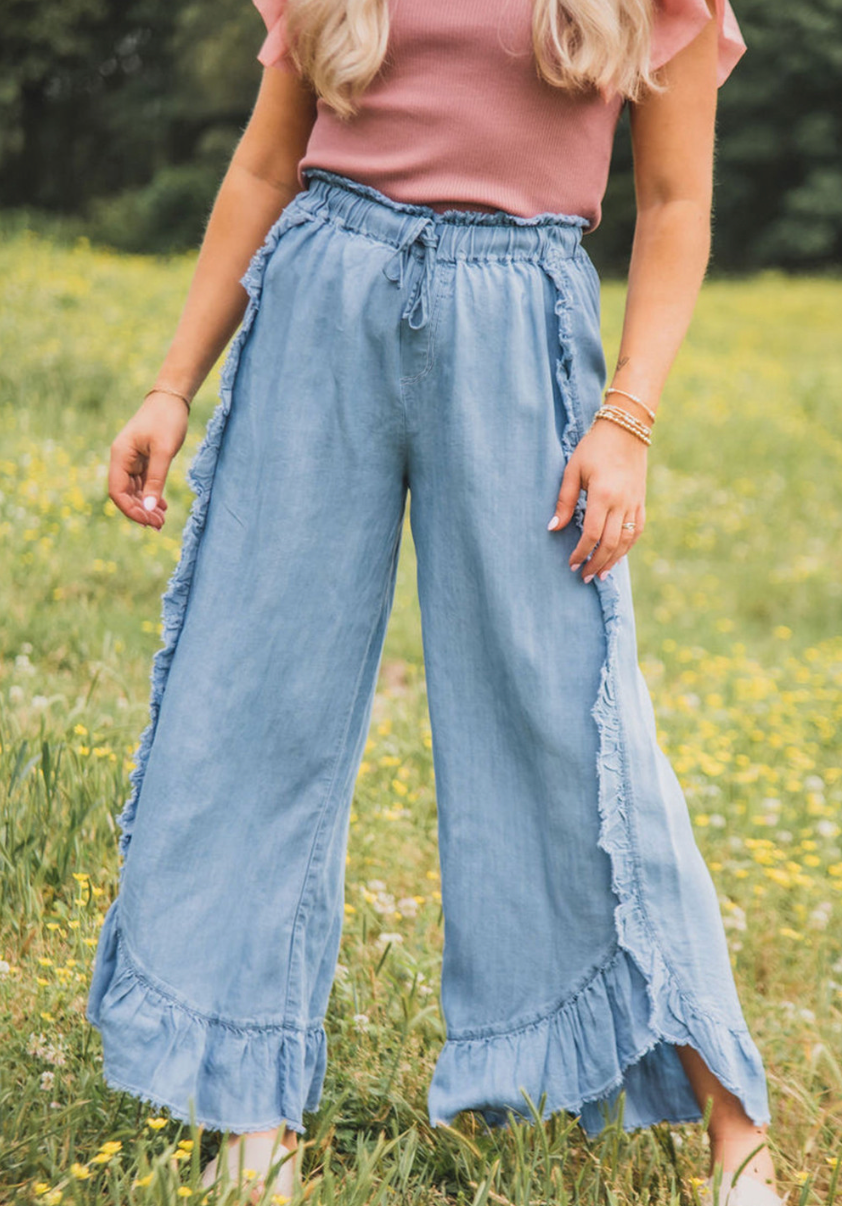 Myosotis Light Wash Raw Hem Ruffled Wide Leg Jeans