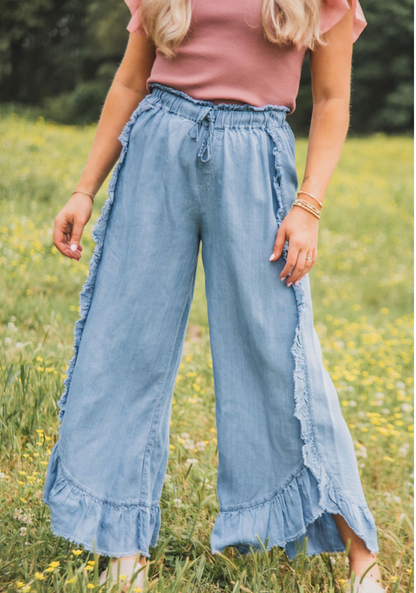 Myosotis Light Wash Raw Hem Ruffled Wide Leg Jeans