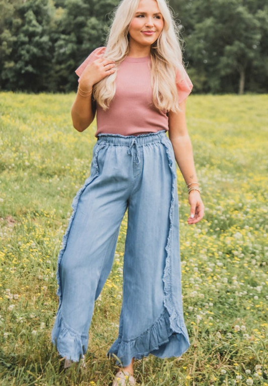 Myosotis Light Wash Raw Hem Ruffled Wide Leg Jeans
