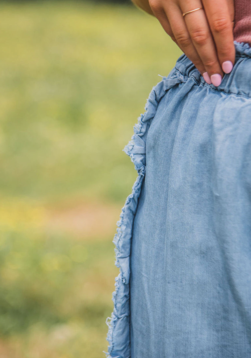 Myosotis Light Wash Raw Hem Ruffled Wide Leg Jeans