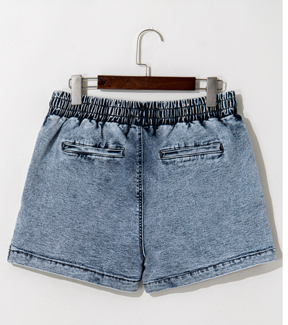 Dusk Blue Drawstring High Waist Pocketed Denim Shorts/Skorts