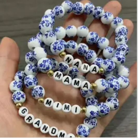 Blue White Porcelain Beaded Bracelet Mimi, Mama, Nana, Grandma