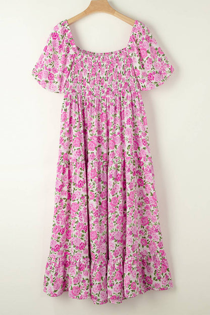Plus Size Floral Smocked Puff Sleeve Long Curvy Dress: Multi-Colored