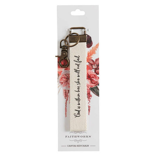 Canvas Key Chain - God Is Within Her: Wipe Clean with Damp Cloth / Canvas / 2.5" W x 8.75" H