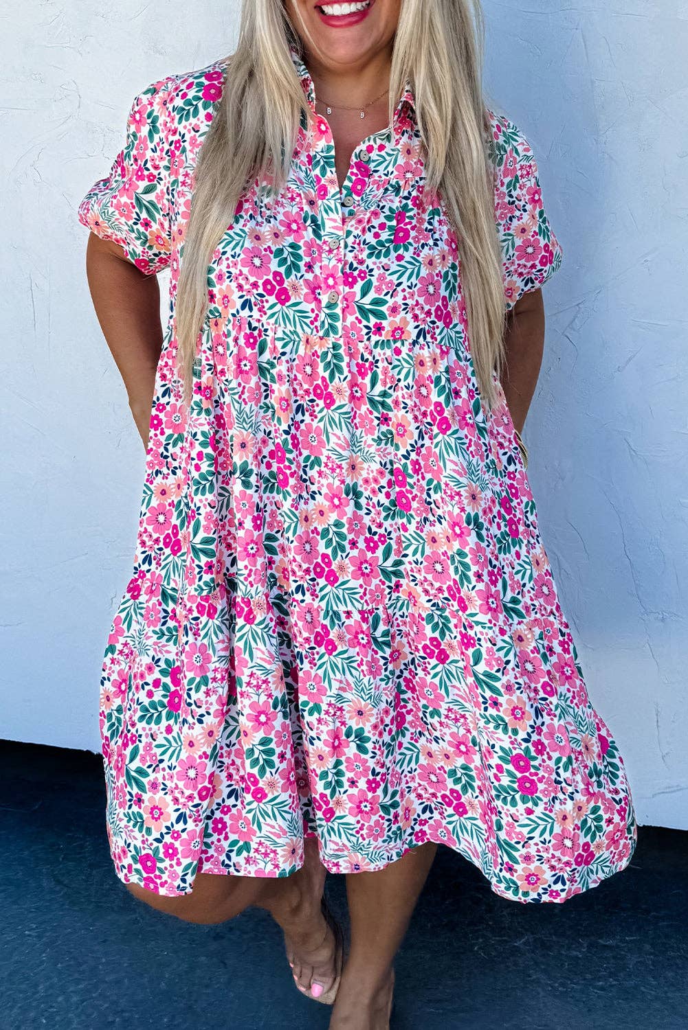 Pink Plus Size Floral Half Button Short Puff Sleeve A-line Dress: Pink / 100%Polyester