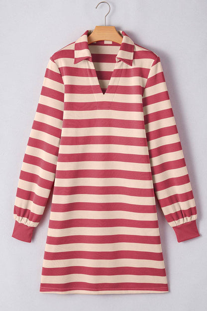 Pink Stripe Collared V Neck Long Sleeve Loose Casual Dress: Pink Stripe / 100%Polyester