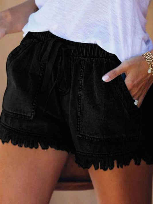 10 Colors Casual Drawstring High Waisted Denim Fringed Shorts: BLACK / L
