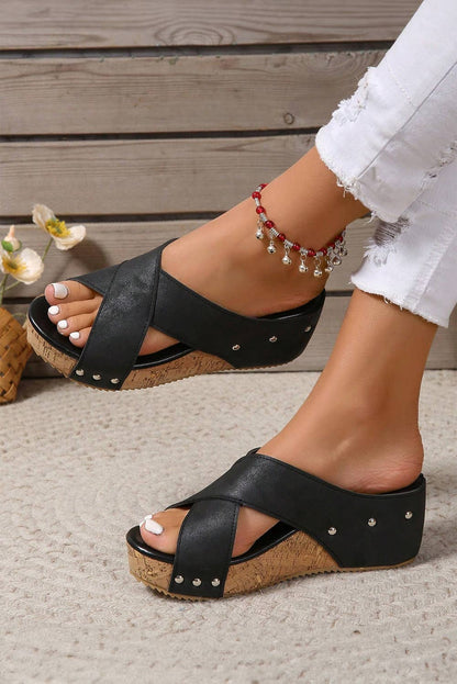 Criss Cross Cut Out PU Leather Wedge Slippers: Black
