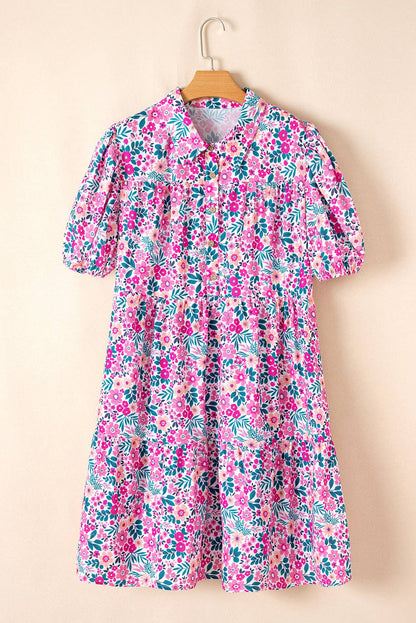 Pink Plus Size Floral Half Button Short Puff Sleeve A-line Dress: Pink / 100%Polyester