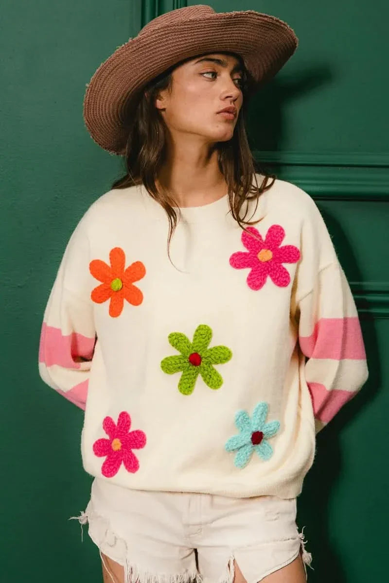 BiBi Colorful Floral Patched Sweater With Striped Sleeves