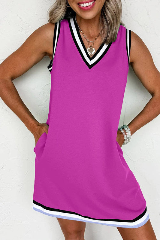 Pink Color Contrast Trim V Neck Shift Sleeveless Mini Dress:  80%Polyester+20%Cotton