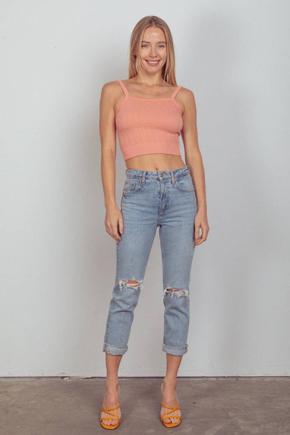 NT11608-Cable Ribbed Fitted Crop Knit Tank Top: BLUSH / S.M/M.L-3/3