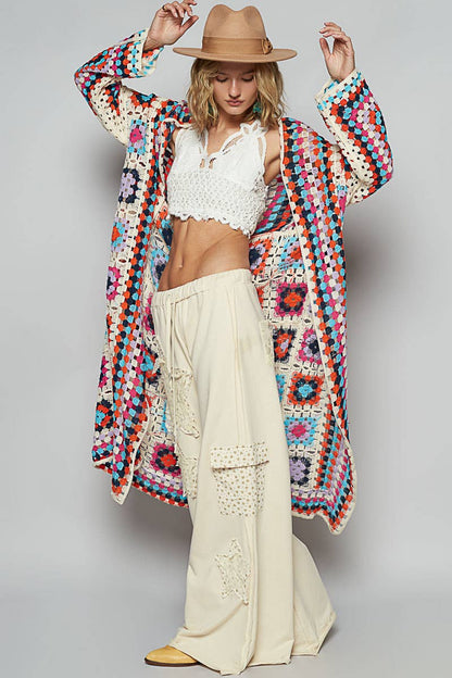 Long sleeve various colors crochet cardigan: BEIGE MULTI / Os