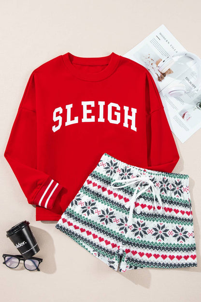 SLEIGH Print Long Sleeve and Wide Leg Shorts Lounge Set: Red / Missy