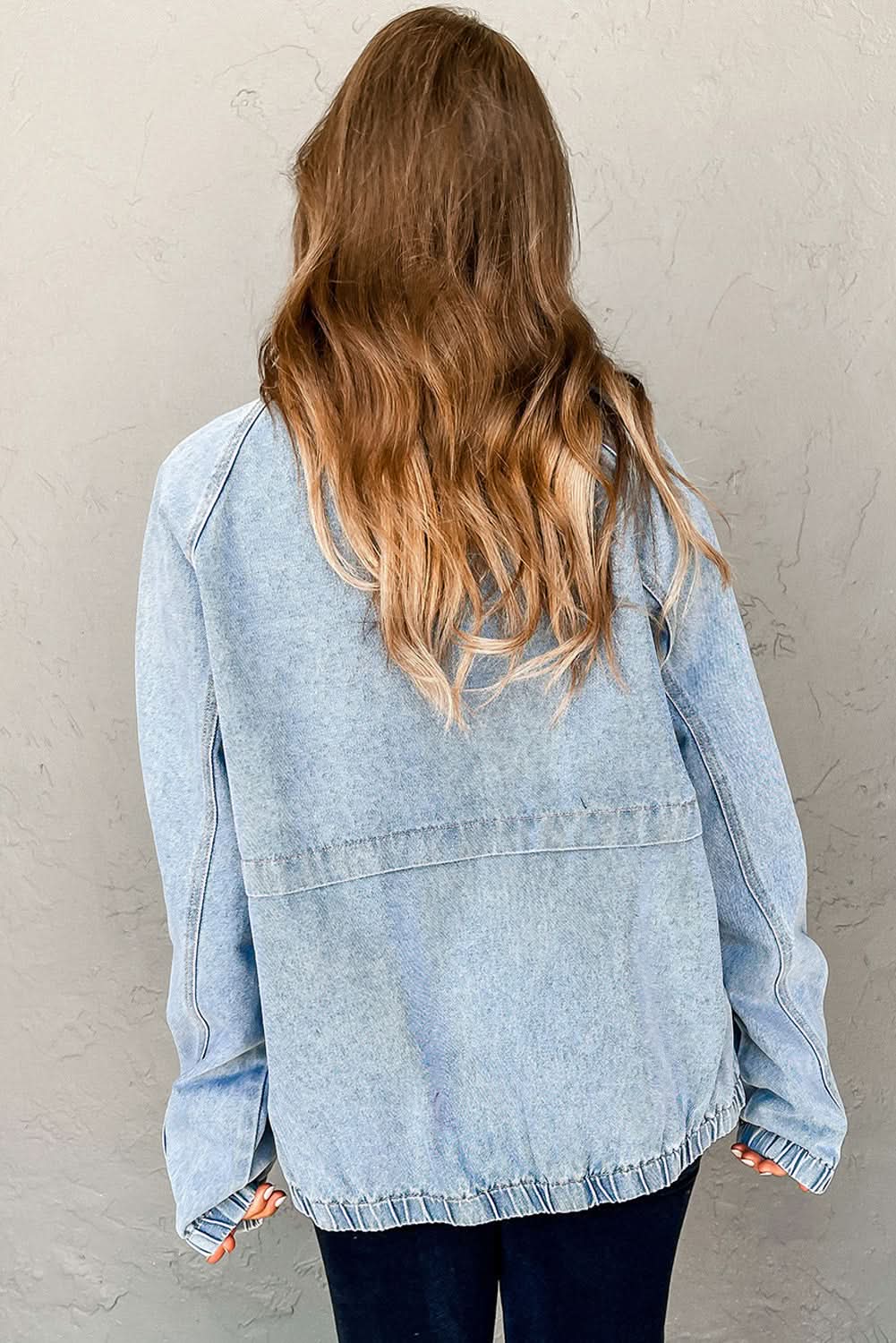 Myosotis Denim Jacket Zip Up With Elastic Hem Raglan Sleeves