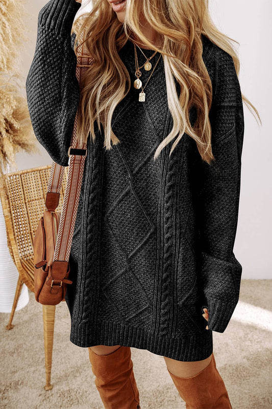 Grace Cable Knit Loose Fit Knit Sweater Dress | Black / Missy /