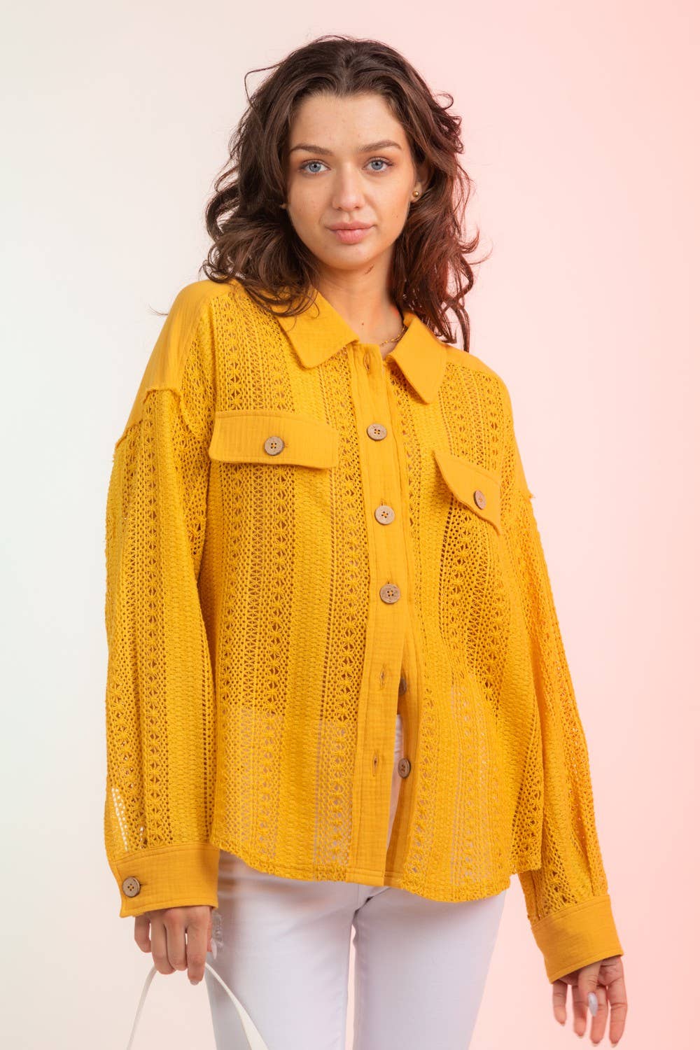 Lace Crochet Button Down Sheer Shacket: YELLOW S-M-L