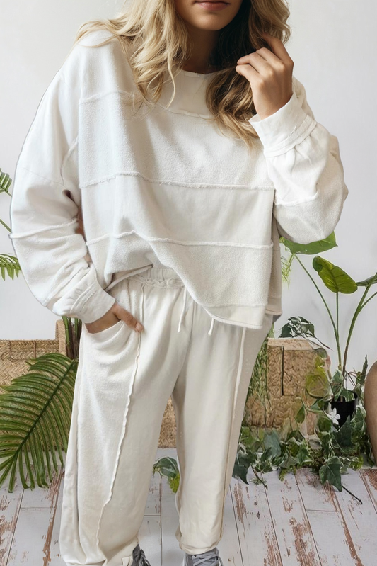 Raw Seam Plus Size Pullover Top and Drawstring Pants Set: White / Plus Size