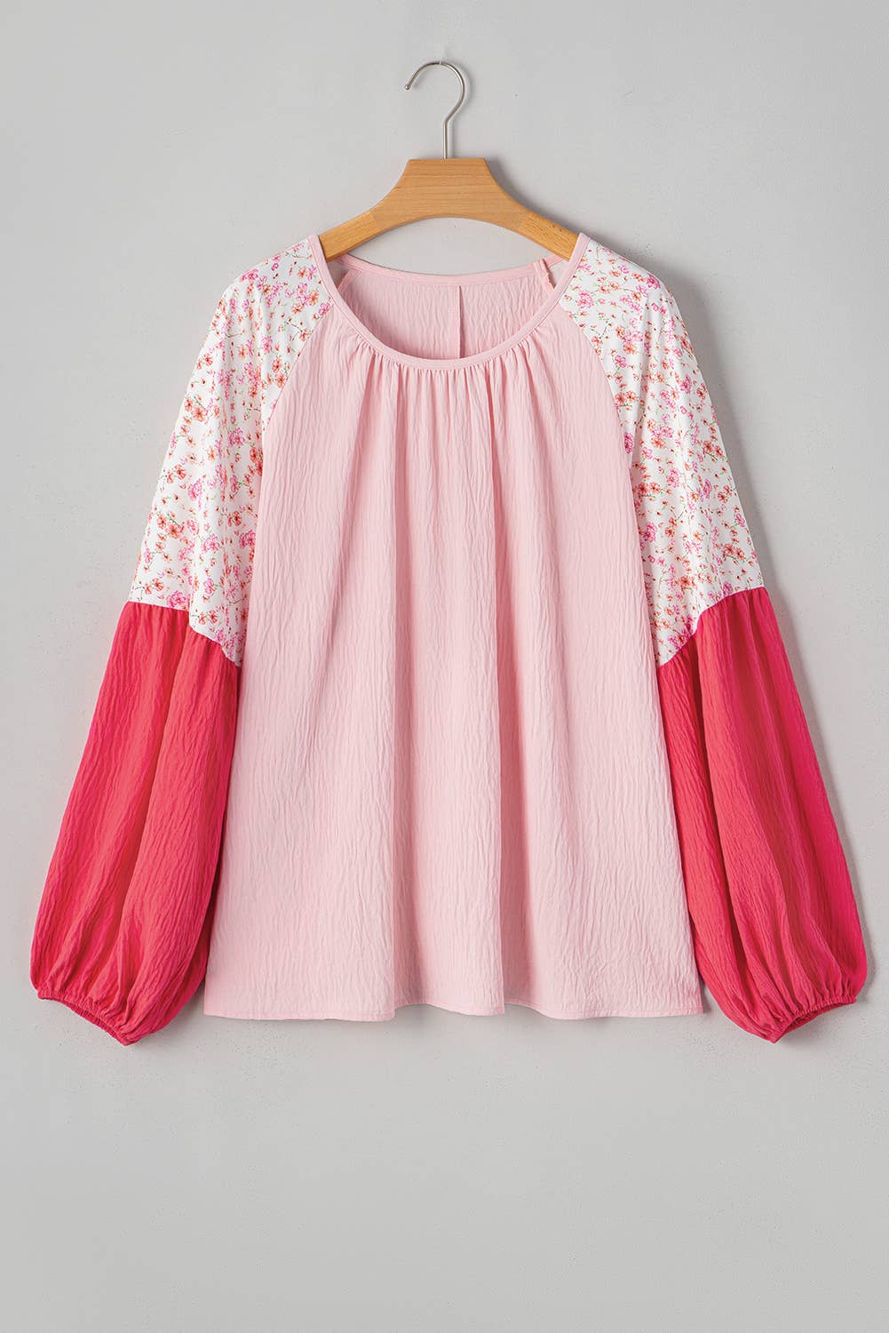 Plus Size Contrast Floral Patchwork Long Sleeve Blouse: Pink / Plus Size