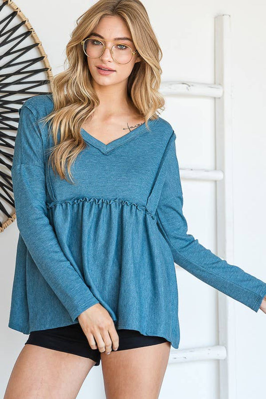 THERMAL VNECK BABYDOLL TOP TEAL BLUE