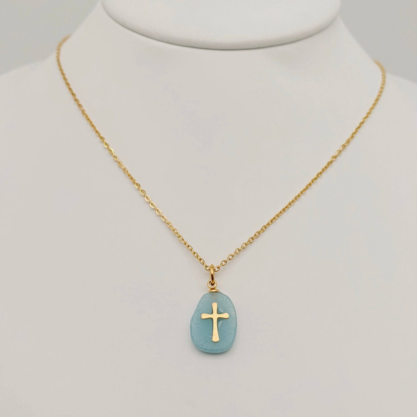 Natural Stone Stainless Steel Cross Pendant Necklace - CS: 3# White