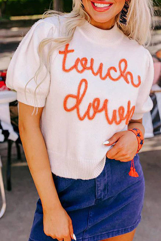Touchdown Tinsel Puff Short Sleeve Crew Neck Sweater: White / 50%Viscose+28%Polyester+22%Polyamide