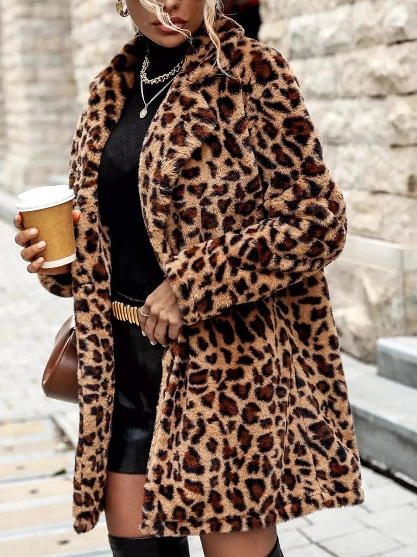 Leopard Print Faux Fur Longline Coat With Pockets Polyester