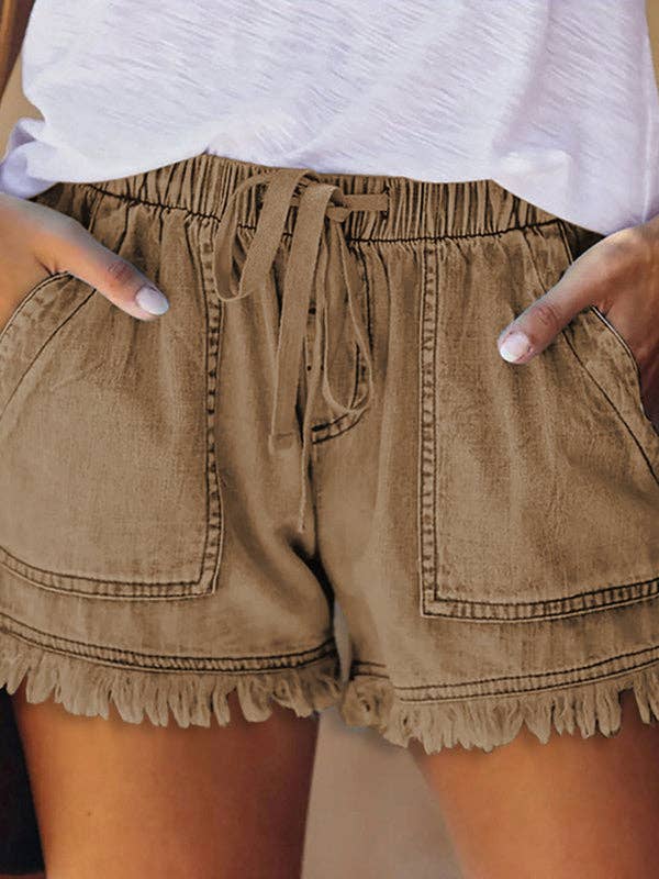 Casual Drawstring High Waisted Denim Fringed Shorts: KHAKI / L