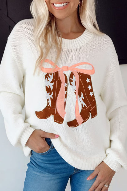 White Embroidered Bow Graphic Drop Shoulder Sweater