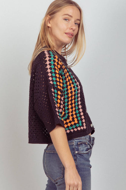 Relaxed Fit Multi Color Crochet Knit Top: Black