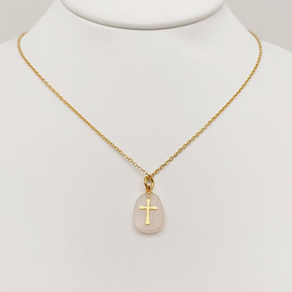 Natural Stone Stainless Steel Cross Pendant Necklace - CS: 1# Purple