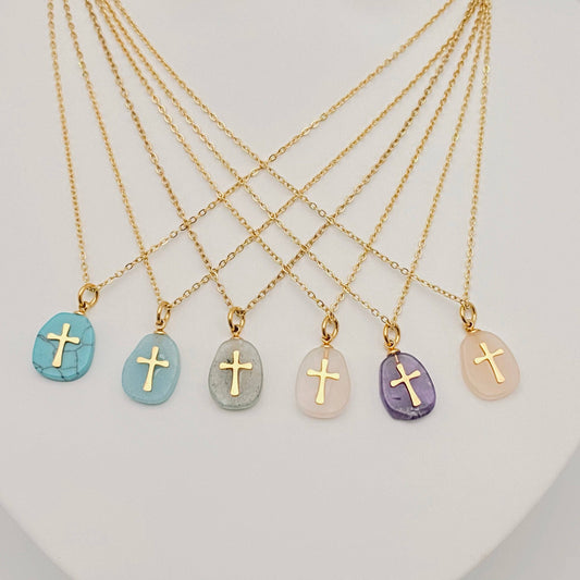 Natural Stone Stainless Steel Cross Pendant Necklace - CS: 1# Purple