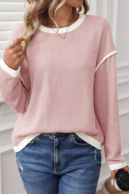 Colorblock Crewneck Knit Look Long Sleeve Pullover Top: Pink / 65%Polyester+30%Viscose+5%Elastane