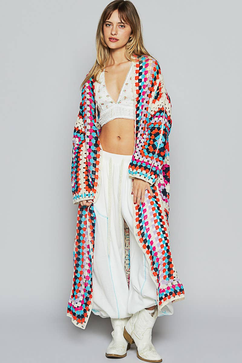 Long sleeve various colors crochet cardigan: BEIGE MULTI / Os
