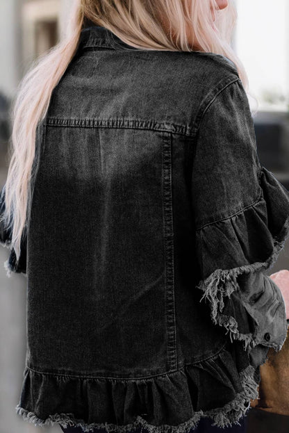 Women Raw Edge Ruffled Short Sleeve Denim Jacket  Black
