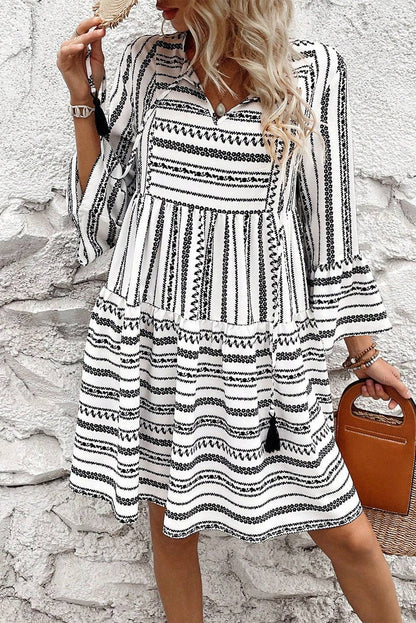 Black Stripe V Neck Bell Sleeve High Waist Mini Dress: Black Stripe / 100%Polyester