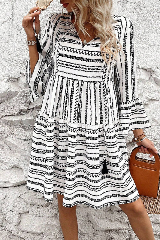 Black Stripe V Neck Bell Sleeve High Waist Mini Dress: Black Stripe / 100%Polyester