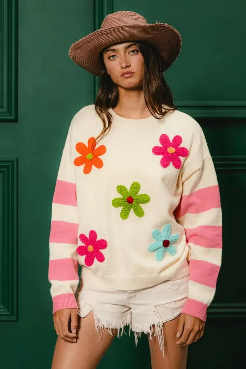 BiBi Colorful Floral Patched Sweater With Striped Sleeves